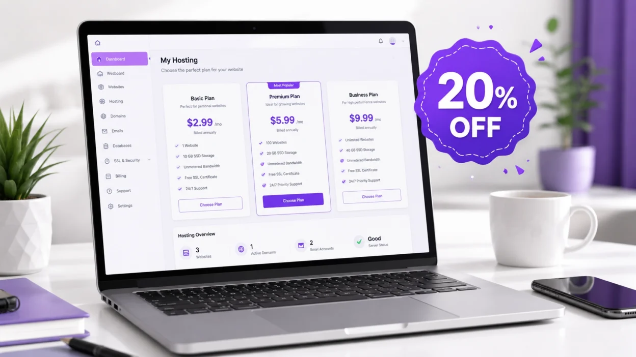 Hostinger web hosting dashboard 20% discount offer