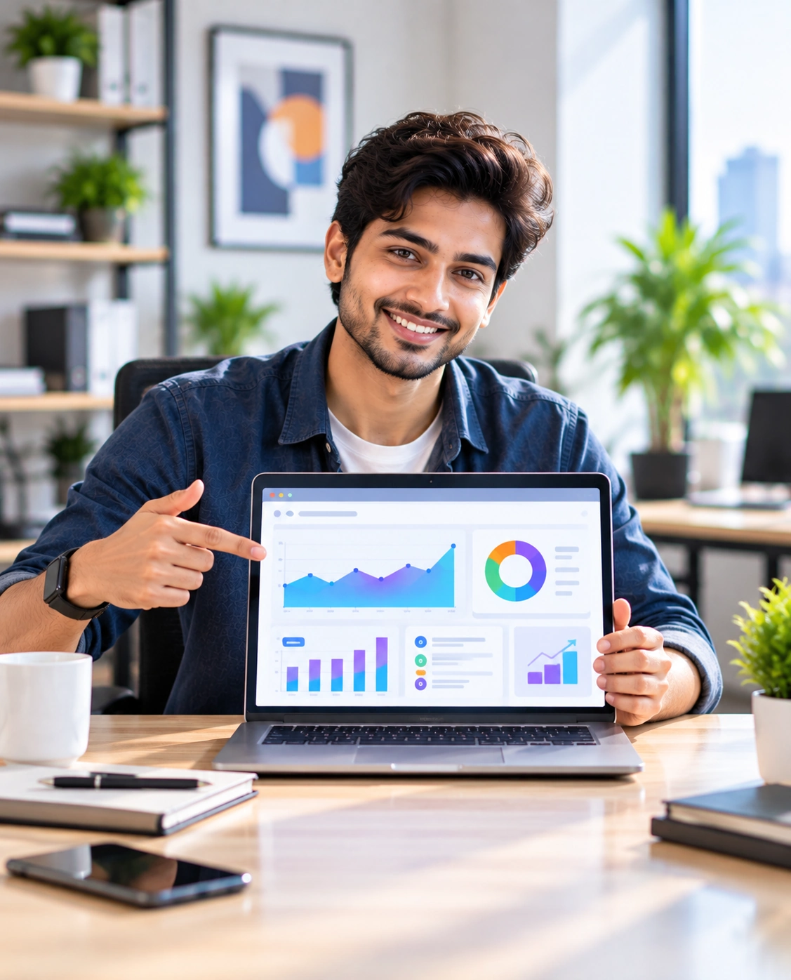 Business owner reviewing website performance dashboard