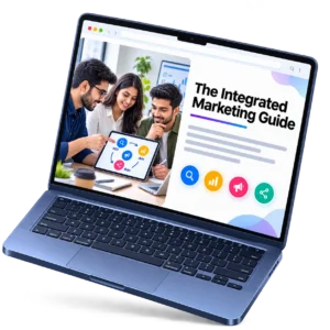 Integrated marketing guide brochure preview on laptop screen