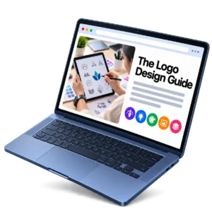 Logo design guide brochure preview on laptop screen