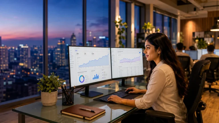 SEO analyst reviewing Google Analytics and Search Console dashboard