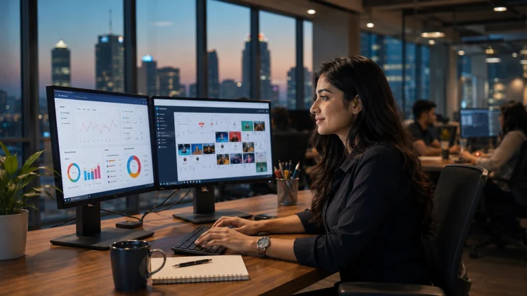 Social media manager reviewing engagement analytics and content calendar