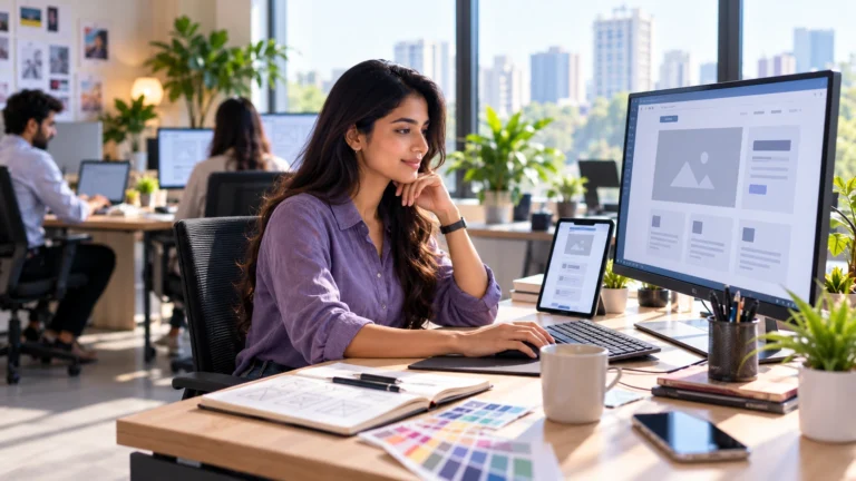Web designer working on wireframes and mobile layout