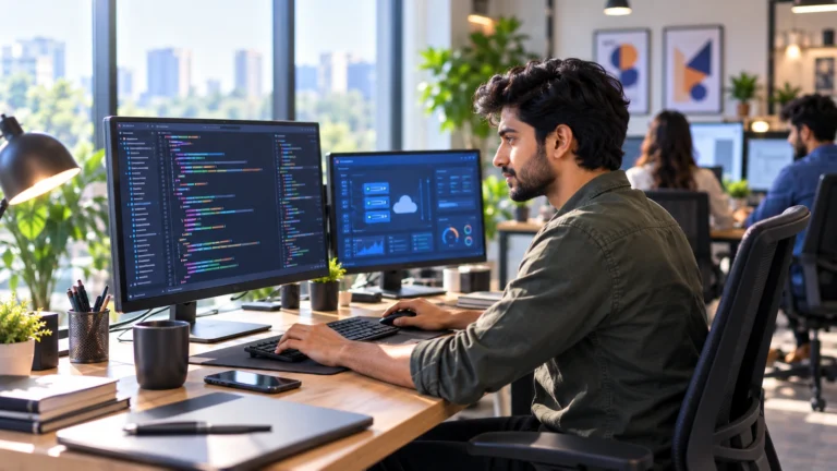 Web developer working on website code and server performance