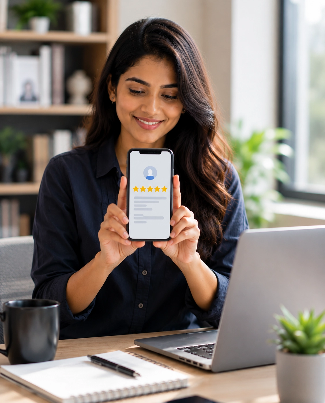 Business owner checking online reviews and ratings