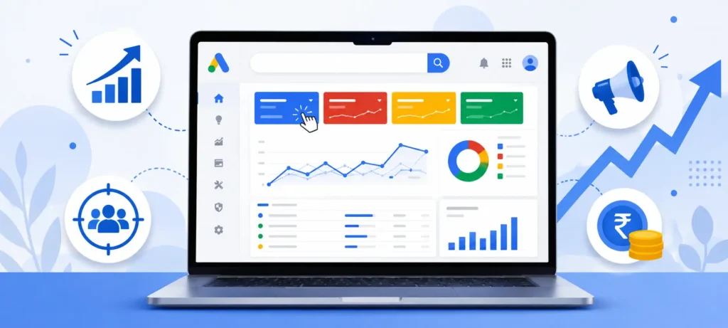 Google Ads dashboard illustration showing digital marketing growth