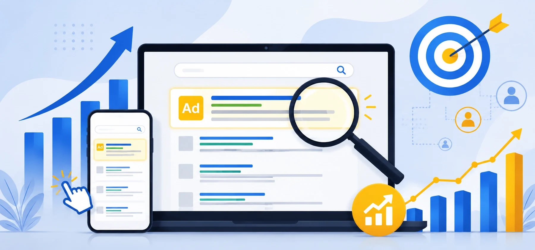 Google Ads search results with growth and target icon