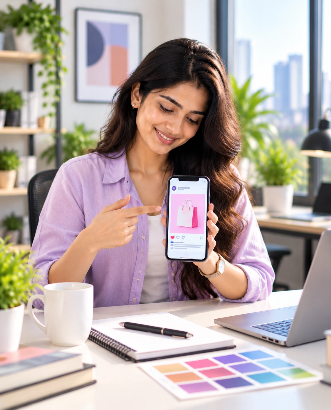Business owner reviewing a social commerce post