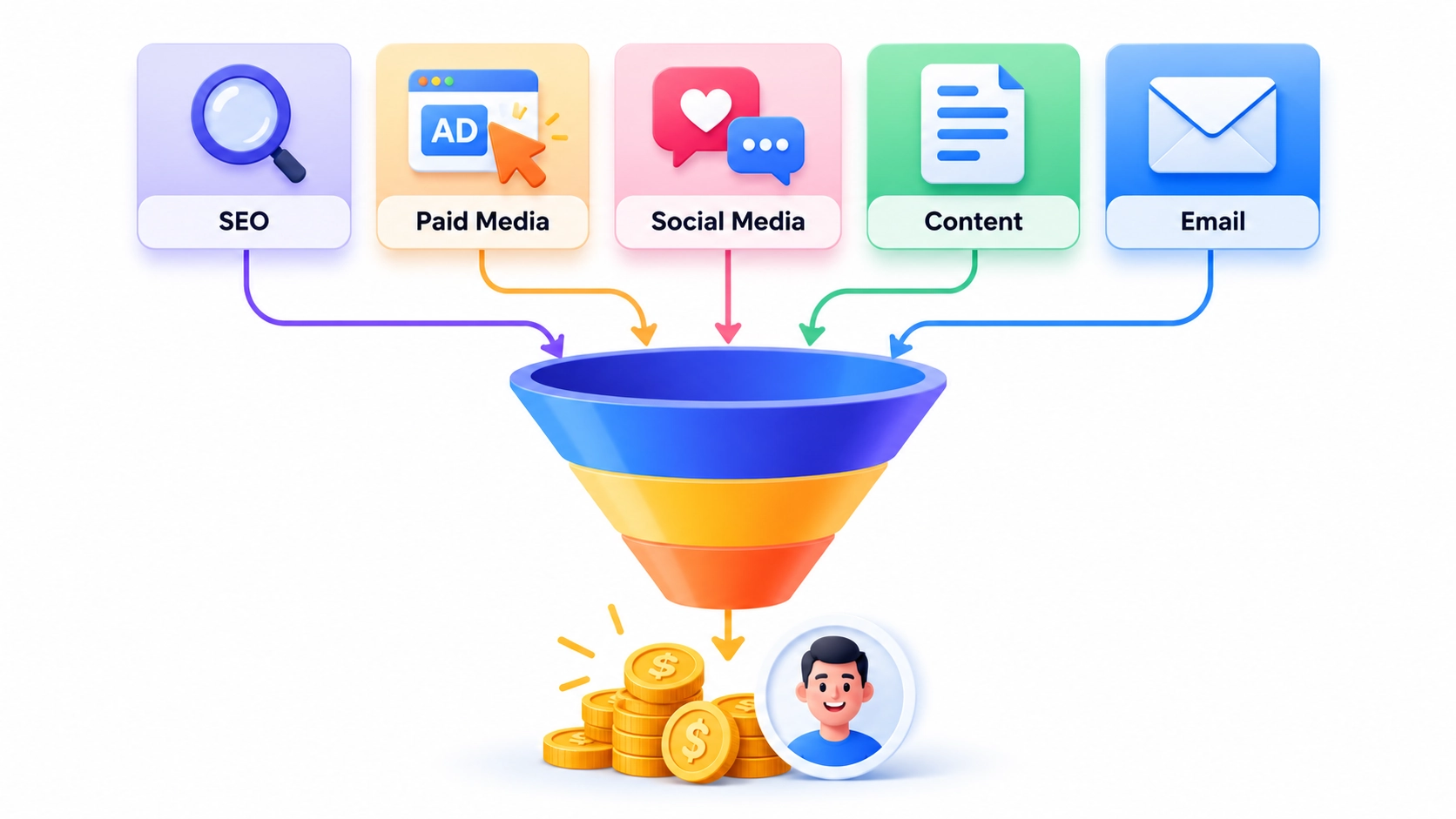 digital marketing funnel SEO paid ads social media email channels