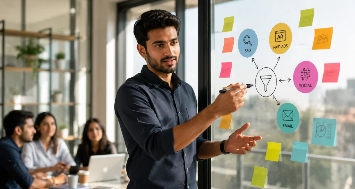 Marketing strategist planning an integrated digital marketing strategy