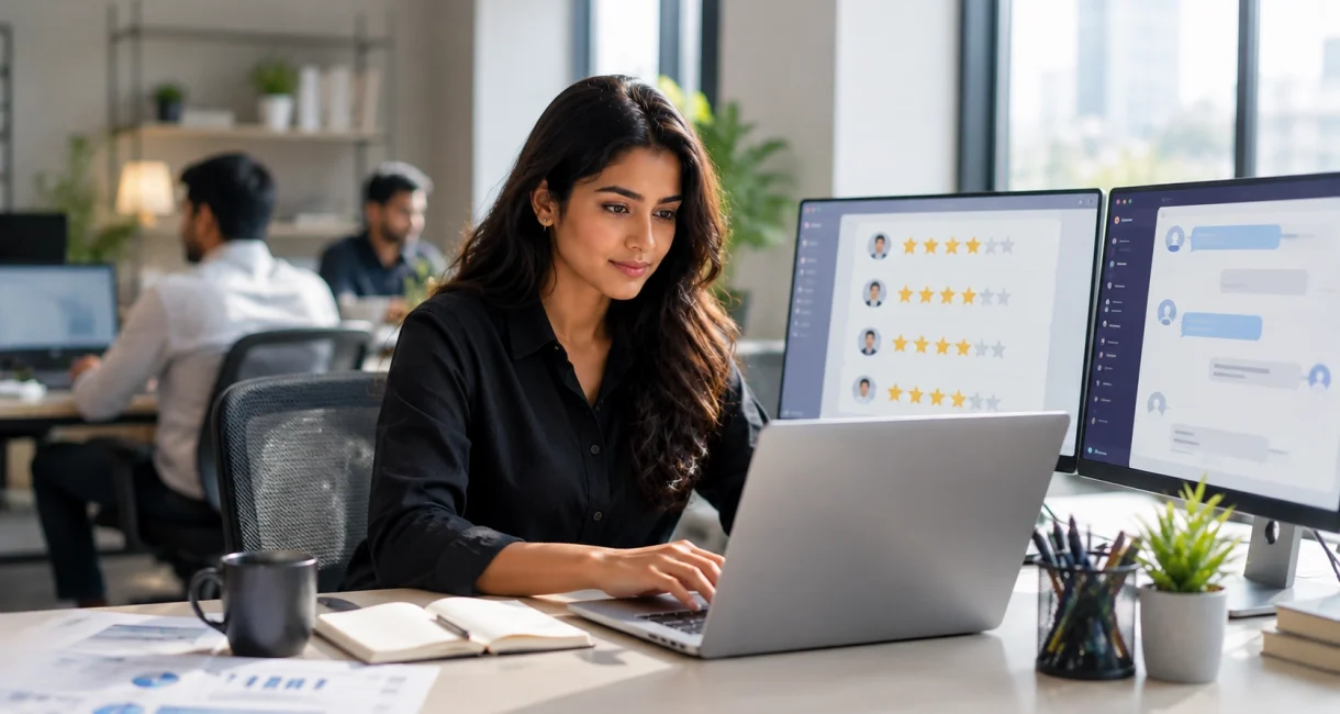 Reputation management specialist monitoring reviews and AI mentions