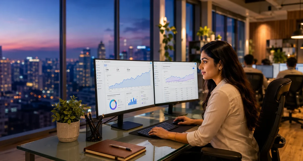 SEO analyst reviewing Google Analytics and Search Console dashboard
