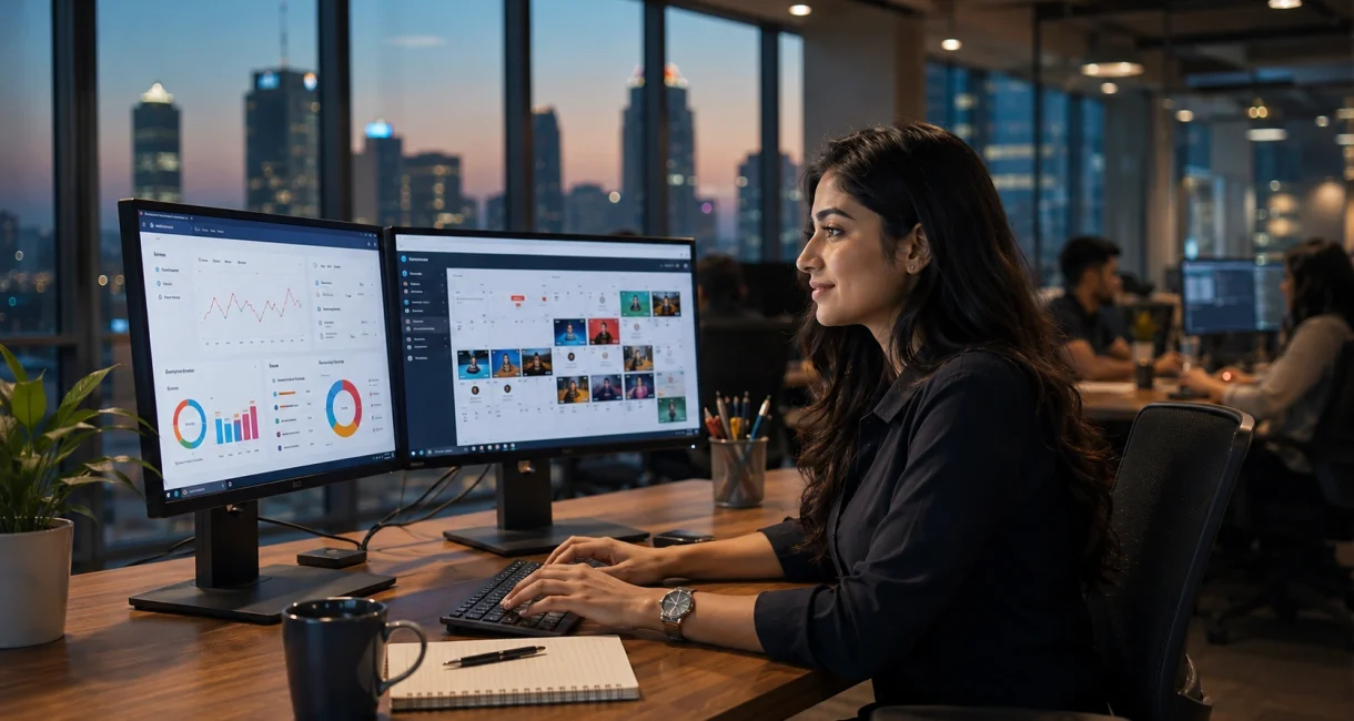 Social media manager reviewing engagement analytics and content calendar