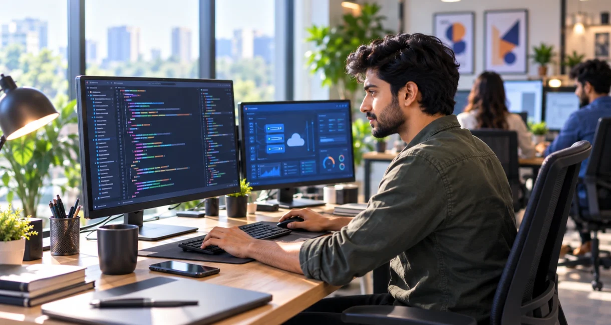 Web developer working on website code and server performance